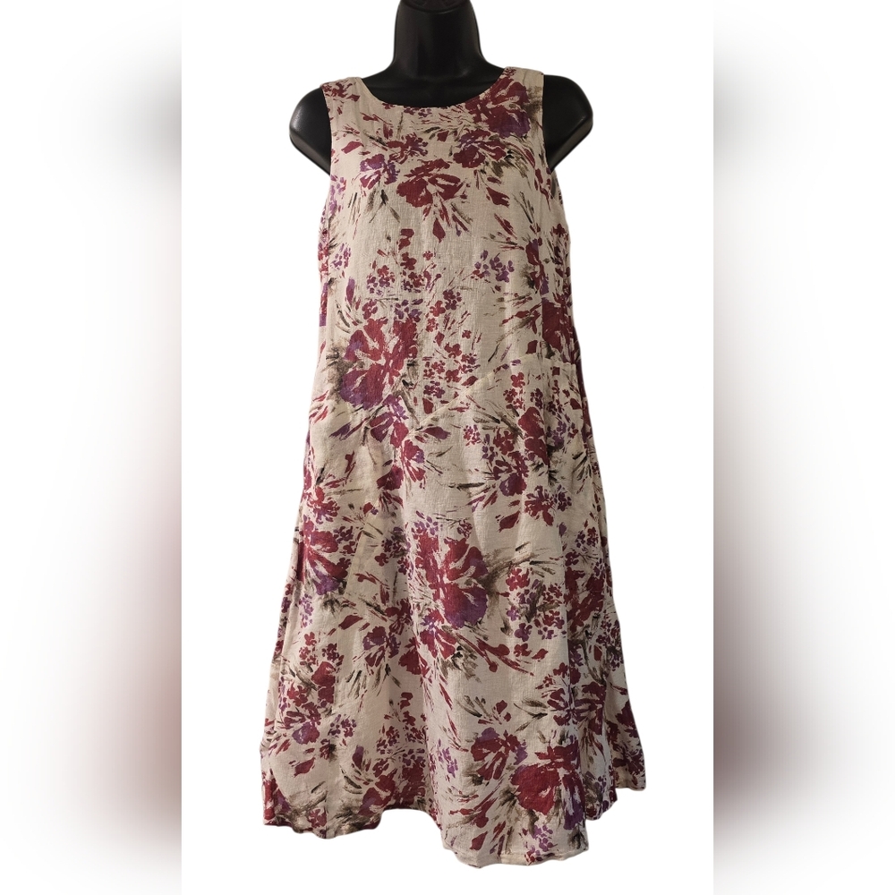 J. Jill Floral Midi Dress in Red Purple Linen Silk Blend 100% Cotton Lining